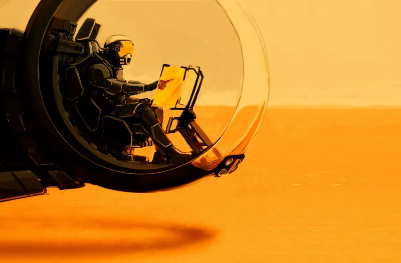 Illustration of a rider on a futuristic wheel vehicle in an orange desert