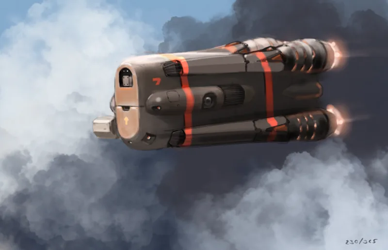 Illustration of an armoured flying vehicle among clouds