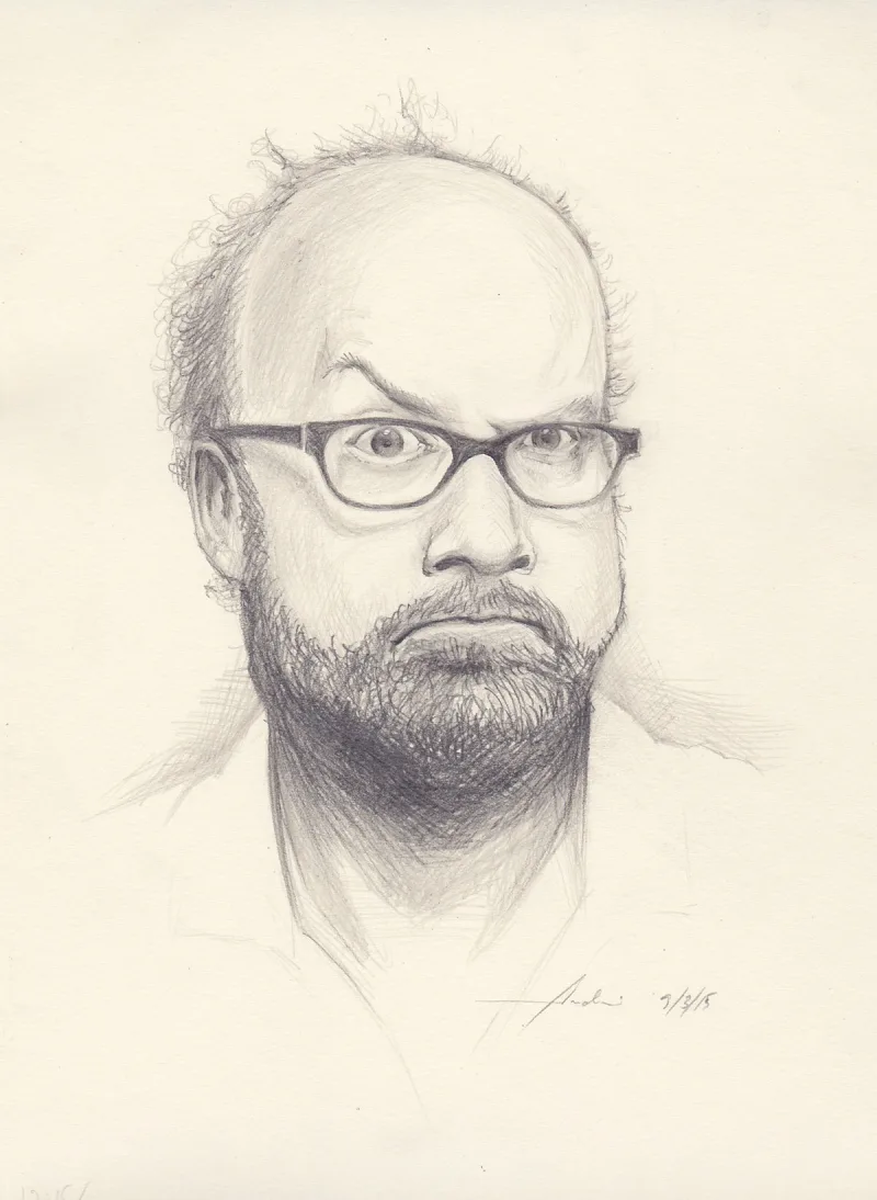 Pencil portrait of a bearded man with glasses